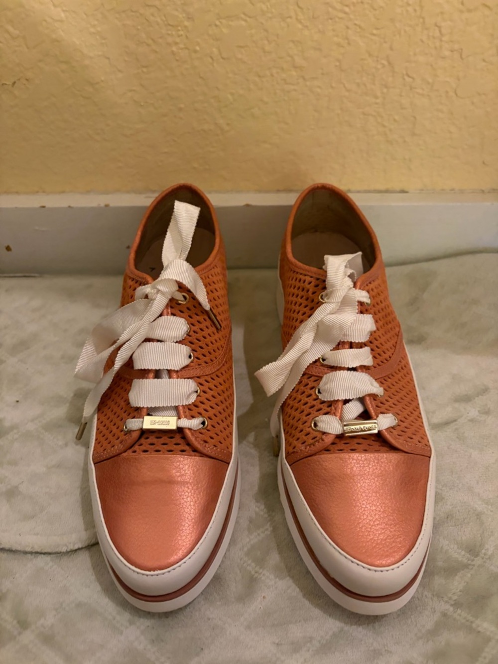 Never Worn Donald J. Pliner Metallic Copper Knit Sneakers with White Laces